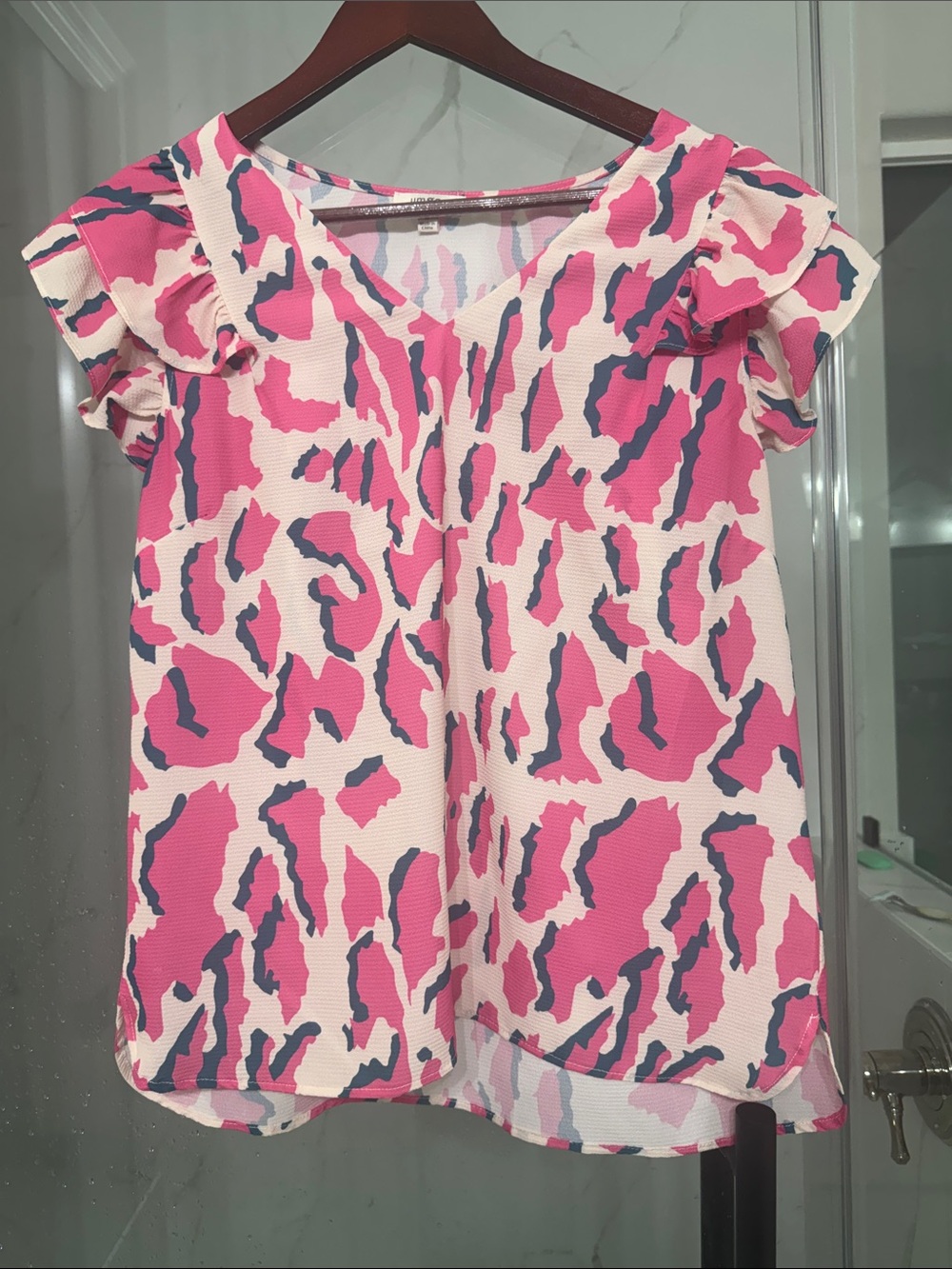 Umgee Pink White Navy Animal Print Ruffle Sleeve Top